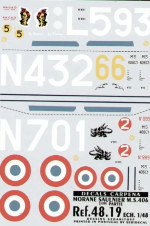 Sticker Morane Saulnier 406 Part 1. (3) No 231 L593/5 6 Esc Groupe de Chasse III/7 No 113 N432/6 Groupe de Chasse II/3 No 289 N7 Aanbieding