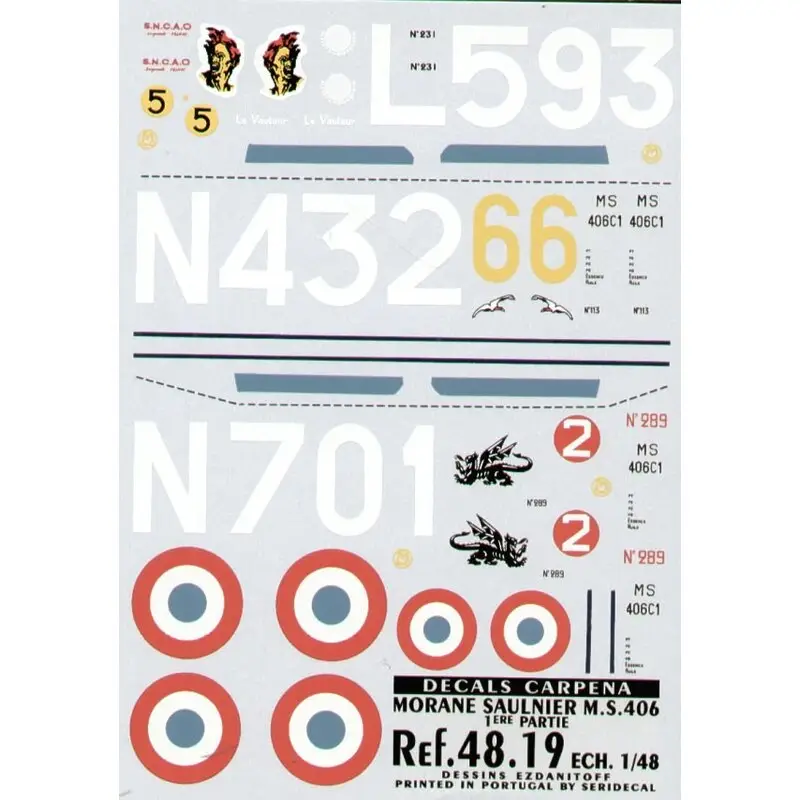 Sticker Morane Saulnier 406 Part 1. (3) No 231 L593/5 6 Esc Groupe de Chasse III/7 No 113 N432/6 Groupe de Chasse II/3 No 289 N7 Aanbieding