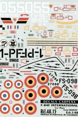 Sticker Republic F-84F (3) 52-7098 92FBS Bentwaters 1958 Republic F-84F Belgium FU-55 2nd Squadron France 1-PF Escadron 1/1 Suez Merkproduct