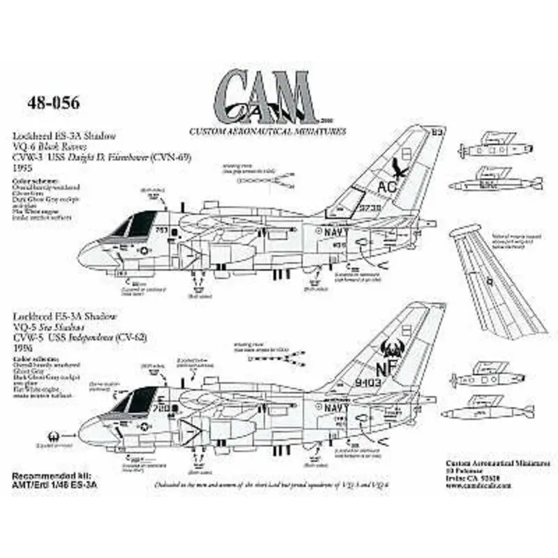 Gratis Retour Sticker Lockheed S-3A Shadow (2) 159738 AC/63 VQ-6 USS Dwight D. Eisenhower 1995 159403 NF/720 VQ-5 USS Independence 1996
