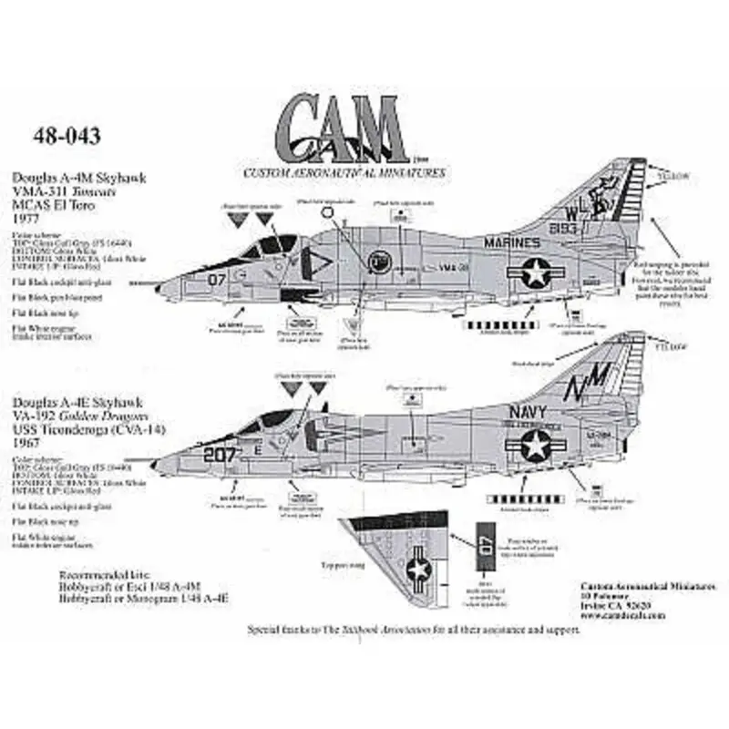 Superprijs Sticker Douglas A-4E/M Skyhawk (2) E 151054 NM/207 VA-192 USS Ticonderoga 158193 WL/07 VMA-311 MCAS El Toro 1977