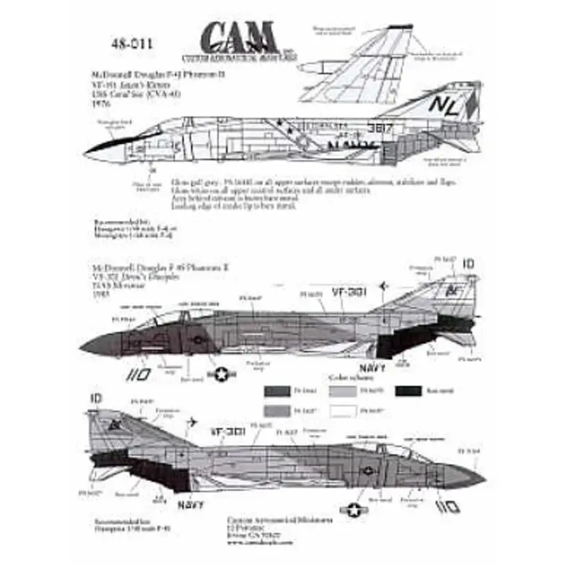 Sticker F-4J/S (2) F-4J 153817 NL/101 VF-191 USS Coral Sea 1976 Bi-Centennial F-4S 155749 AA/110 VF-301 NAS Miramar 1983 Ferris Express Levering