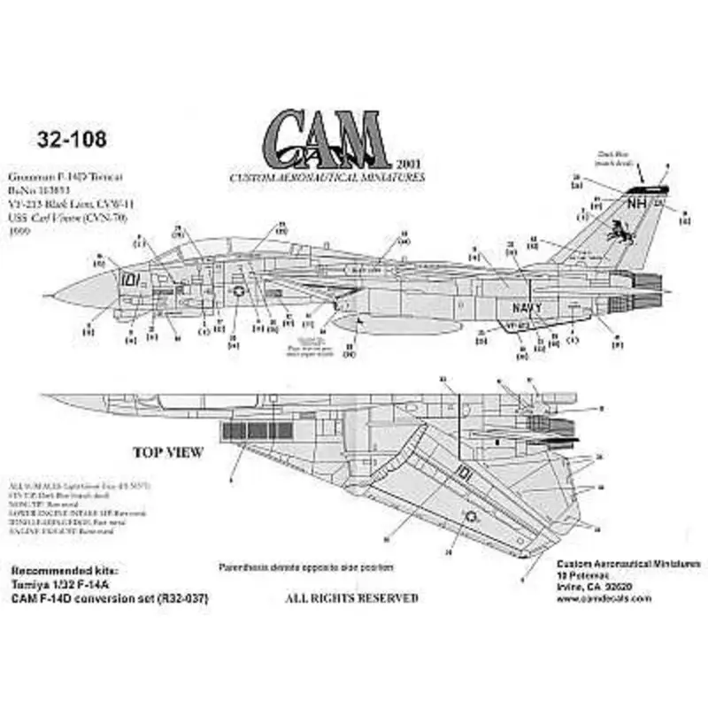 Uitverkoop Sticker Grumman F-14D (1) 163893 NH/101 VF-213 Black Lions USS Carl Vinson 1999 Low vis