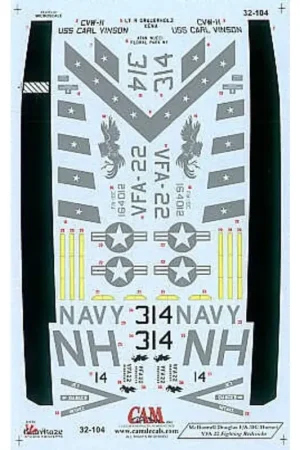 Sticker McDonnell Douglas F/A-18C Hornet (1) 164012 NH/314 VFA-22 Fighting Redcocks USS Carl Vinson 1999 Beste Prijs