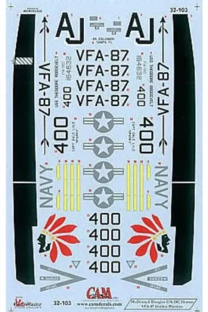 Sticker McDonnell Douglas F/A-18C Hornet (1) 164632 AJ/400 VFA-87 Golden Warriors USS Theodore Roosevelt 1999 Hoge Kwaliteit