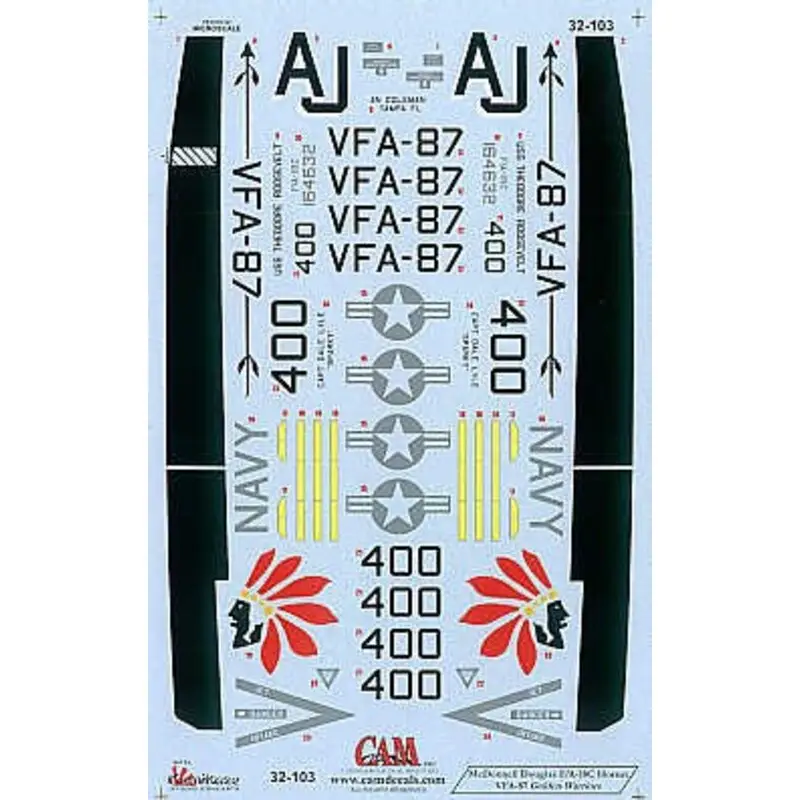 Sticker McDonnell Douglas F/A-18C Hornet (1) 164632 AJ/400 VFA-87 Golden Warriors USS Theodore Roosevelt 1999 Hoge Kwaliteit