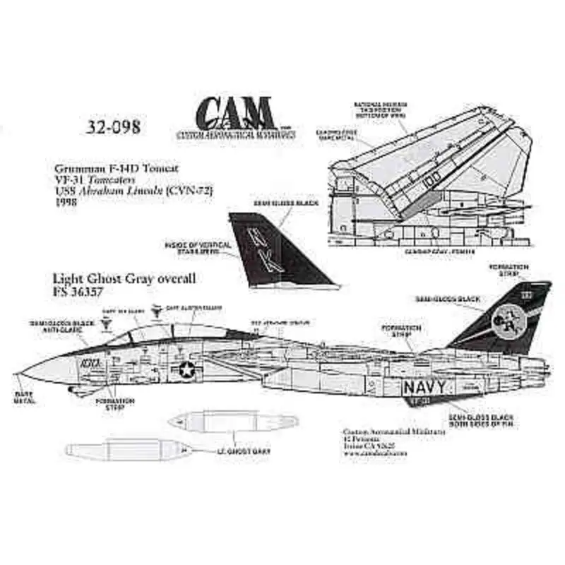 Rechtstreeks Van De Fabrikant Sticker Grumman F-14D (1) 164348 NK/100 CAG VF-31 Tomcatters USS Abraham Lincoln. 1998 Black fin with five colour CAG bands