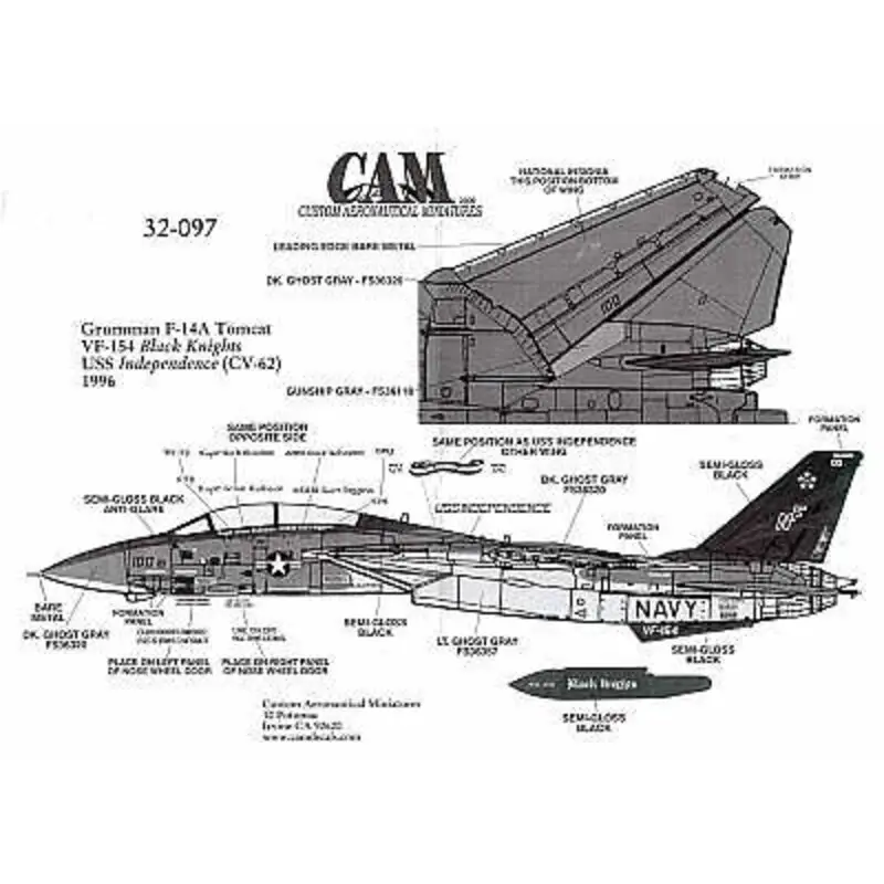 Laatste Versie Sticker Grumman F-14A (1) 161621 NF/100 VF-154 Black Knights USS Independence 1996 double sheet