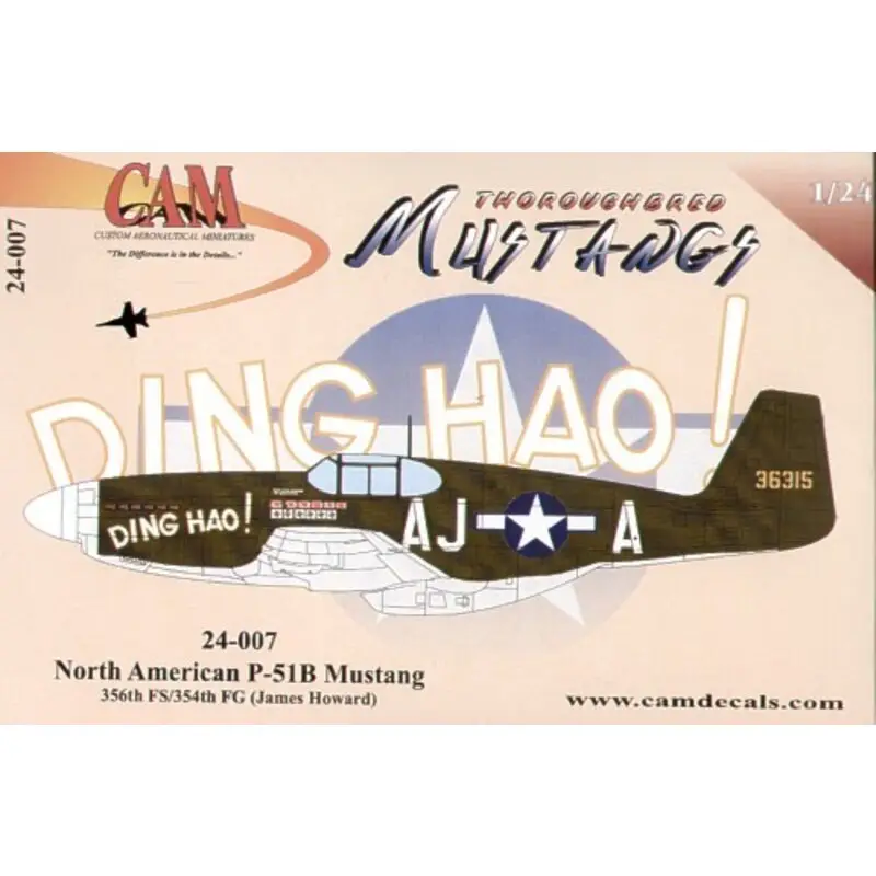 Laatste Versie Sticker North American P-51B Mustang (1) 36315 AJ-A 356FS James Howard Ding Hao! Decal