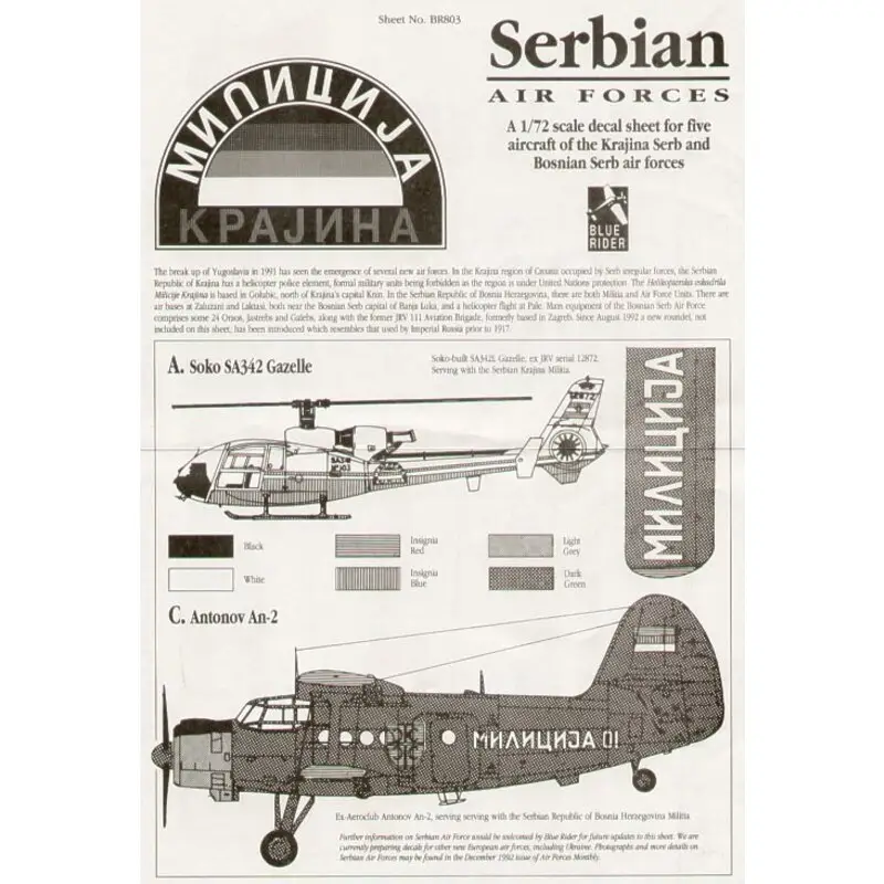 Sticker Serbian Air Forces 1991/92 (5) SA324 Gazelle Antonov An-2 Mil Mi-8 Galeb G-4 Hoge Kwaliteit