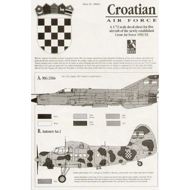 Exclusieve Aanbieding Sticker Croatian Air Force 1991/92 (5) Mikoyan MiG-21bis Antonov An-2 Colt UTVA-75