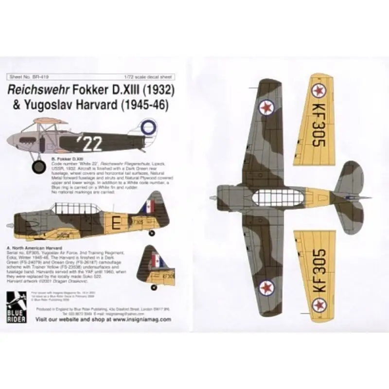 Sticker Fokker D.XII White 22 Reichswehr Flying school USSR 1932 Harvard EF302/E Yugoslav Air Force 2nd Training Regt 1945 Laatste Versie