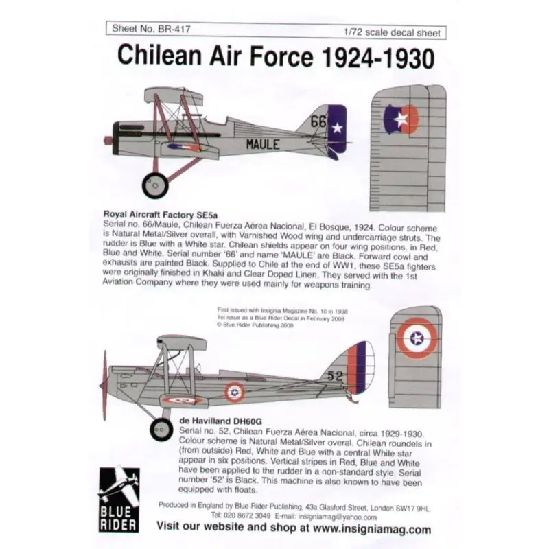 Direct Verzonden Sticker Chilean Air Force (2) SE 5a No 66/Maule 1924 DH60G No 52 1929 Decal