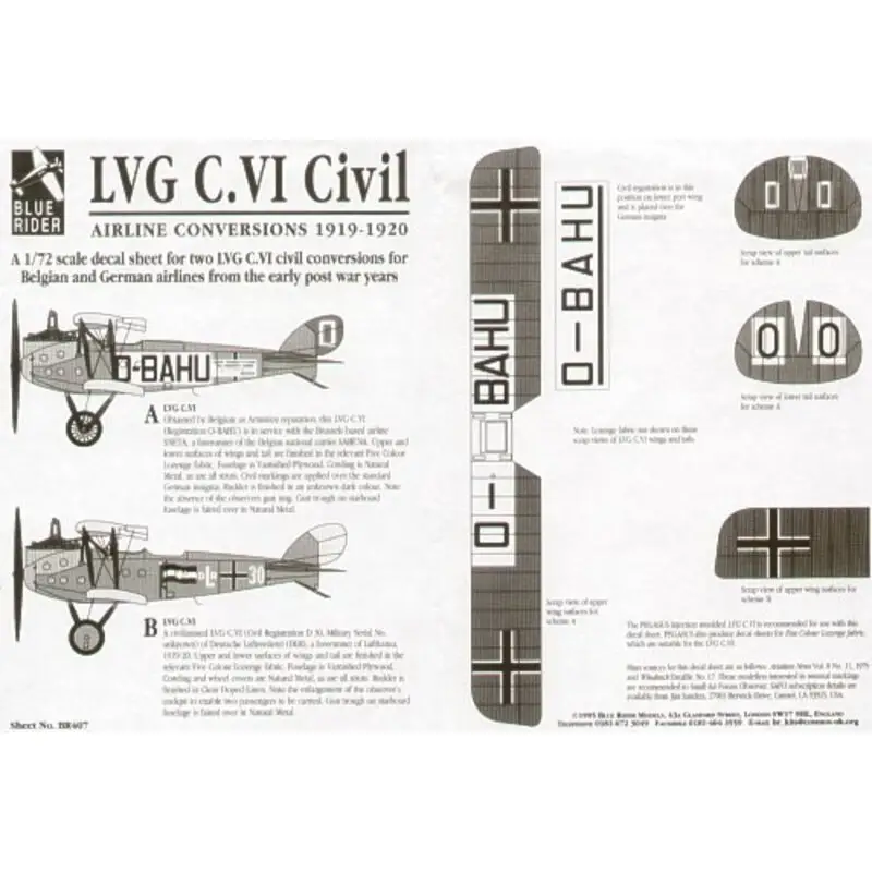 Sticker LVG C.VI Civil 191-20. O-BAHU Belgian SNETA No 30 DLR (forerunner of Lufthansa Nieuw