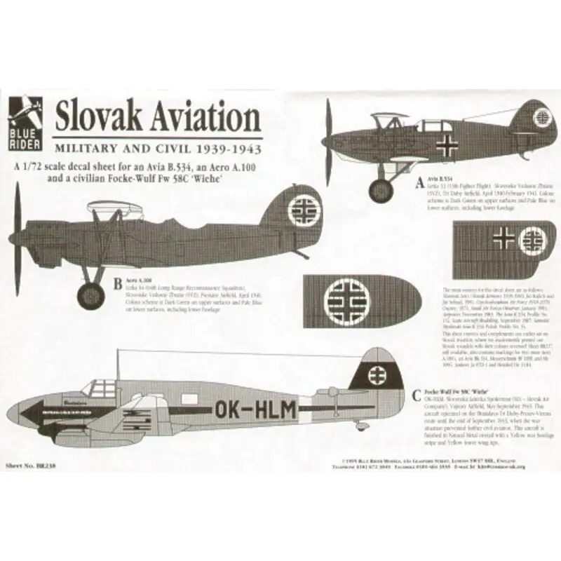 Goedkoop Sticker Slovak Aviation (3) Aer A.100 1940 Avia B-534 1940/41 Focke Wulf Fw 58C OK-HLM 1943