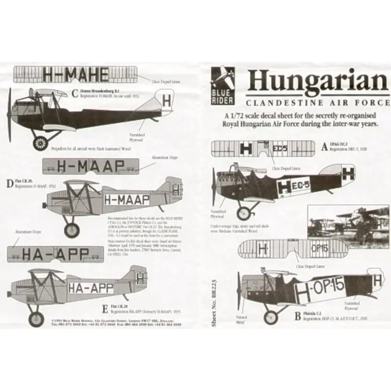 Sticker Hungarian Clandestine Air Force (5) UFAG UC.1 HEC-5 Phonix C.1 H-OP-15 Hansa Brandenburg B1 H-MAHE Fiat CR.20 H-MAAP HA- Lage Prijs