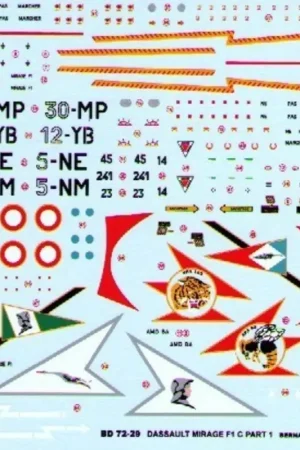 Sticker Dassault Mirage F.1 C Pt 1 (4) No 45 5-NM EC1/5 Vendee 1975 No 14 30-MP EC2/30 Normandie-Niemen 1974 No 23 12-YB EC1/12 Betaalbaar