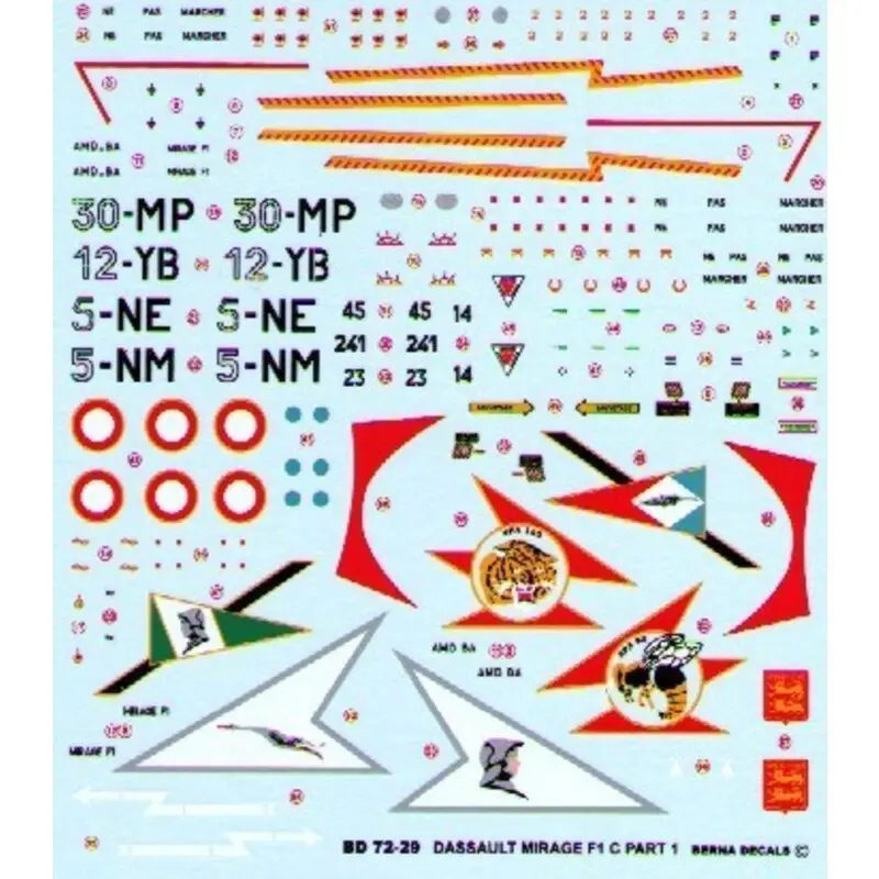 Sticker Dassault Mirage F.1 C Pt 1 (4) No 45 5-NM EC1/5 Vendee 1975 No 14 30-MP EC2/30 Normandie-Niemen 1974 No 23 12-YB EC1/12 Betaalbaar