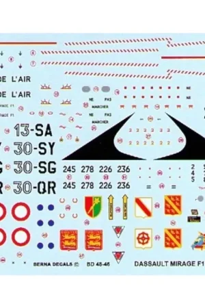 Sticker Dassault Mirage F.1CT (4) No 245/13-SA EC 3/13 Auvergne 1993 No 226/30-SY EC1/30 Alsace 2006 No 278/30-SG EC1/30 Alsace Fabrieksprijs