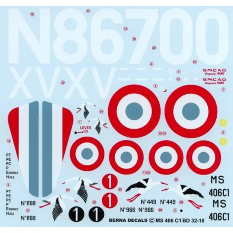 Sticker Morane Saulnier MS.406. Storks on MS.406 : Williame n 966 de Puybusque n 288 Patureau-Mirand n 449 Koopje