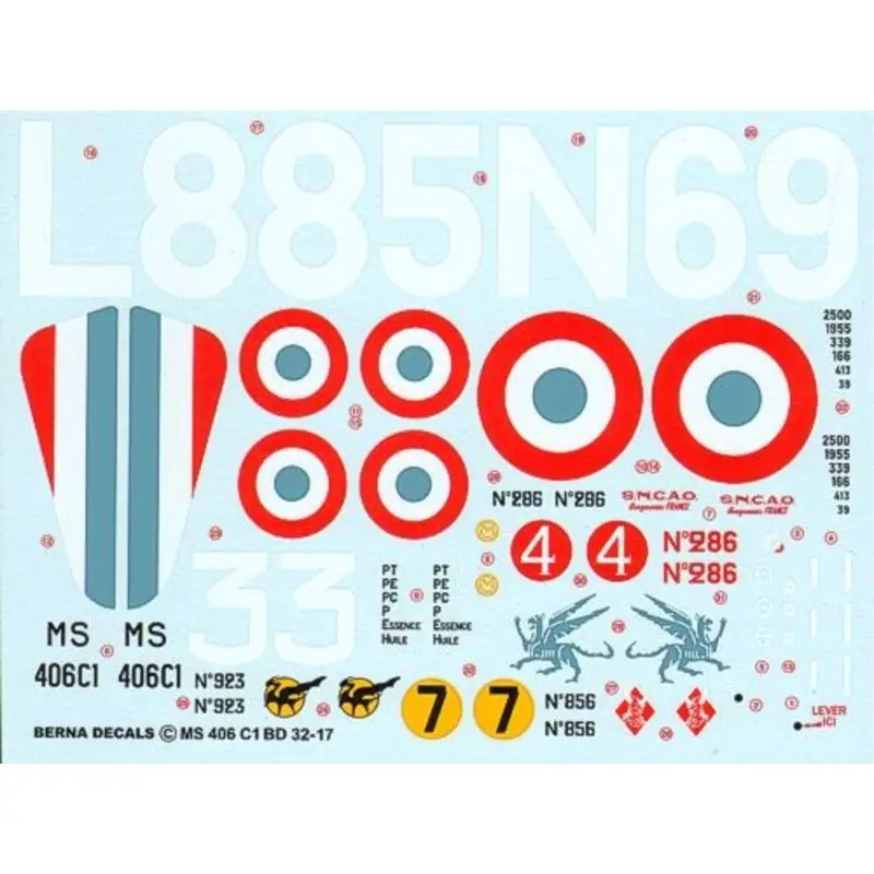 Sticker Morane Saulnier MS.406 ACES : Dorcy n 286 Raphenne n 856 Romey n 923 Decal Op = Op