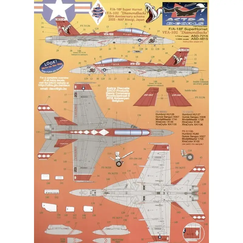 Rechtstreeks Van De Fabrikant Sticker McDonnell Douglas F/A-18F Super Hornet VFA-102 (3) 165892 NF/102 VFA-102 Diamondbacks 50th Anniversary scheme 2005 NAF A