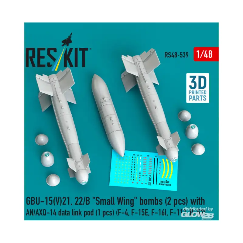 GBU-15(V)21, 22/B Small Wing bombs (2 pcs) with AN/AXQ-14 data link pod (1 pcs) (F-4, F-15E, F-16I, F-111, B-52) (3D Printed) Tijdelijk Beschikbaar