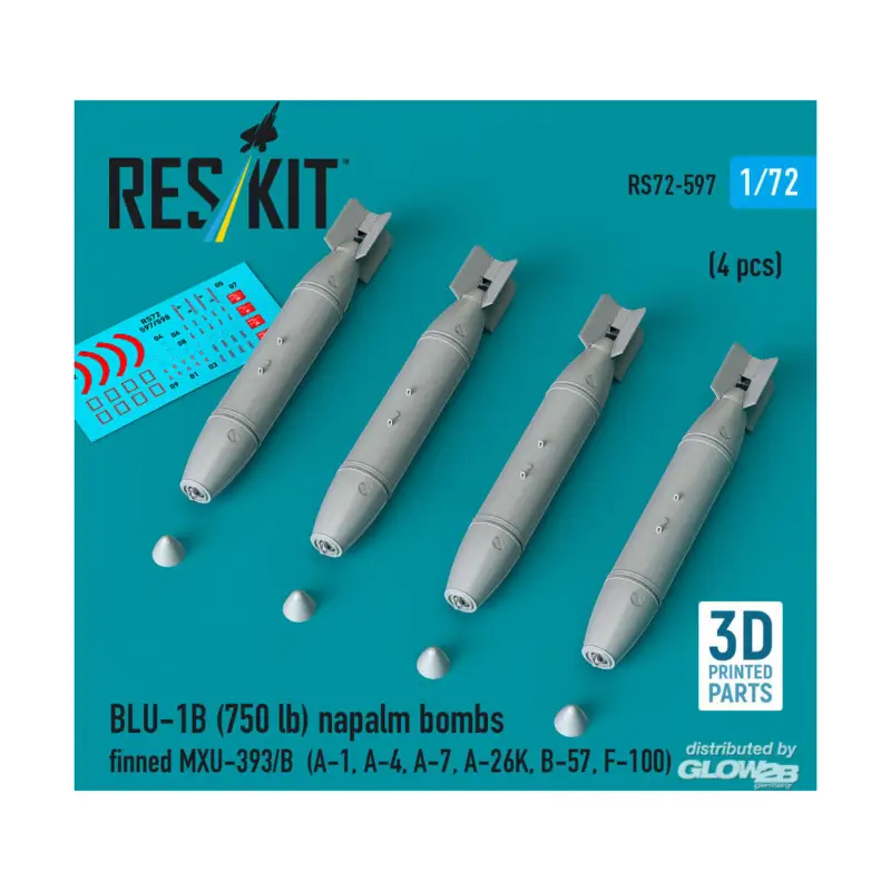 Tijdelijk Beschikbaar BLU-1B (750lb) napalm bombs finned MXU-393/B (4 pcs) (A-1, A-4, A-7, A-26K, B-57, F-100) (3D Printed)