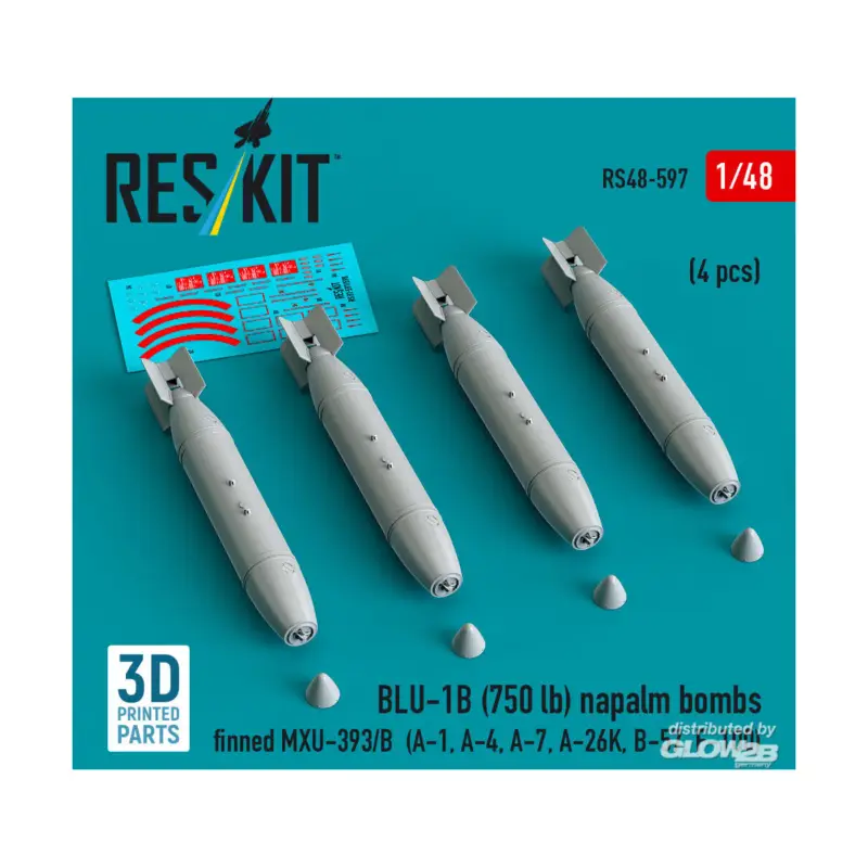 BLU-1B (750 lb) napalm bombs finned MXU-393/B (4 pcs) (A-1, A-4, A-7, A-26K, B-57, F-100) (3D Printed) Direct Verzonden