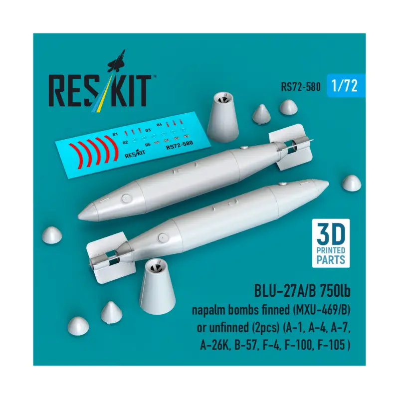 Rechtstreeks Van De Fabrikant BLU-27A/B 750lb napalm bombs finned (MXU-469/B) or unfinned (2pcs) (A-1, A-4, A-7, A-26K, B-57, F-4, F-100, F-105 ) (3D Printed)
