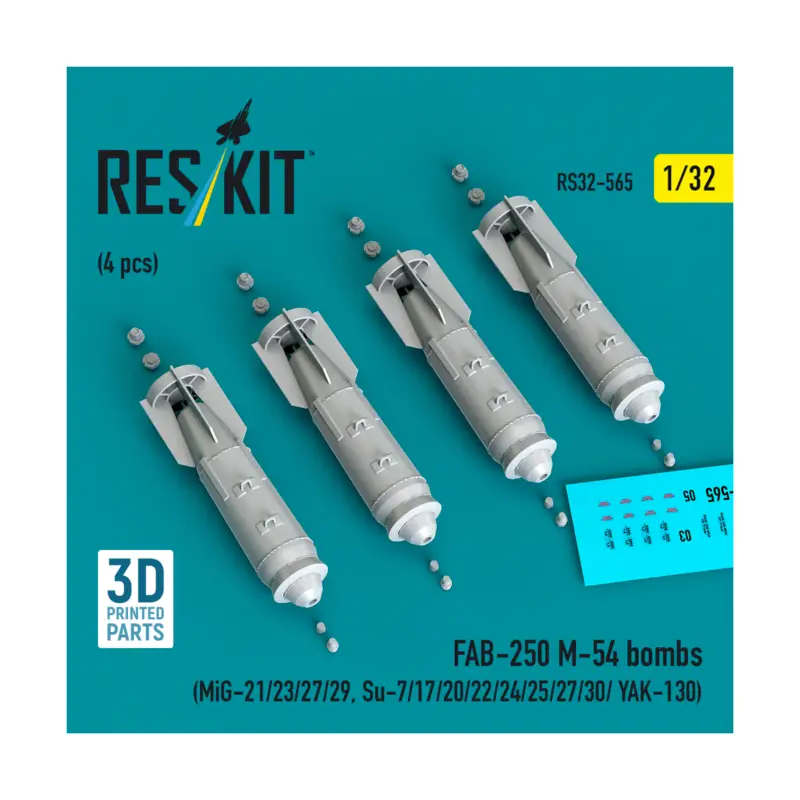 FAB-250 М-54 bombs (4 pcs) (MiG-21/23/27/29, Su-7/17/20/22/24/25/27/30/ YAK-130) (3D Printed) (1/32) Gecertificeerd