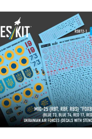 MiG-25 (RBT, RBF, RBS) 'Foxbat' (Blue 73, Blue 74, Red 17, Red 19) Ukrainian Air Forces (Decals with Stencils) Flitsaanbieding