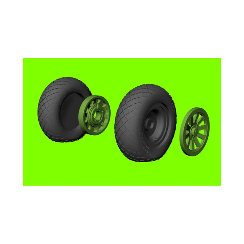 North-American P-51D Mustang wheels with weighted effect tyres with diamond tread pattern and separate 3d-printed hubs (designed Direct Beschikbaar