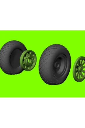 North-American P-51D Mustang wheels with weighted effect tyres with diamond tread pattern and separate 3d-printed hubs (designed Hoge Kwaliteit