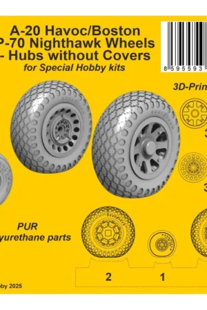 Douglas A-20 Havoc/Boston/ P-70 Nighthawk Wheels/ Hubs without Covers Resin cast wheels with 3D-printed slotted wheel hubs. The Bestel Nu