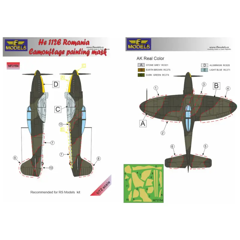 Heinkel He-112E Romanian service camouflage pattern paint mask (designed to be used with RS Models kits) Direct Verzonden