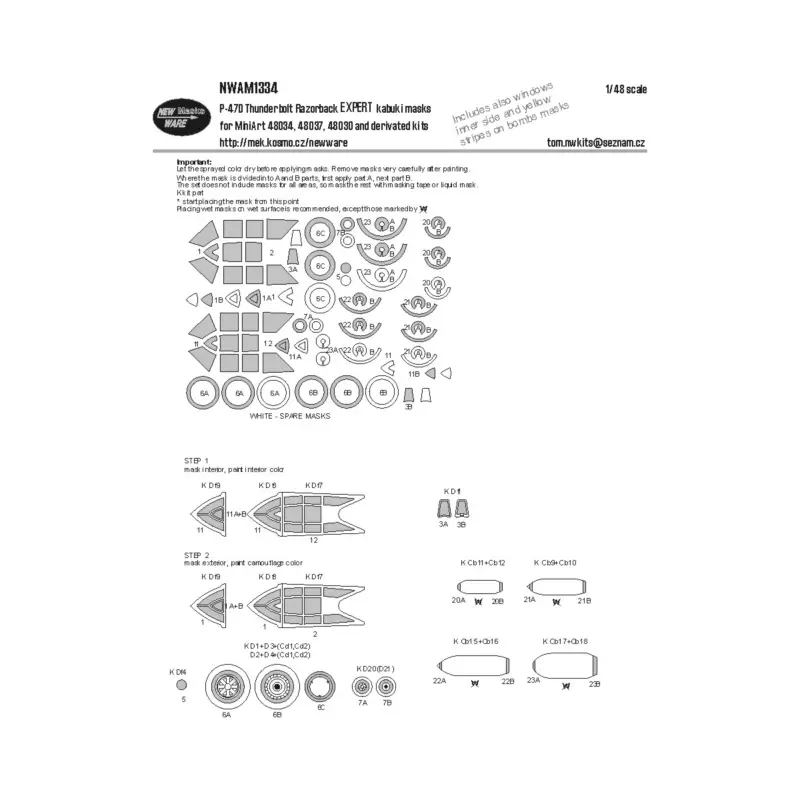 Republic P-47D Thunderbolt Razorback EXPERT kabuki masks aircraft canopy including inner side masks, other clear parts, wheels, Hoge Kwaliteit