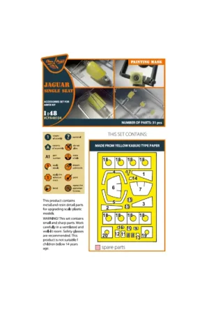 Premium Jaguar Single seat painting mask on 'yellow kabuki paper' for Airfix kit