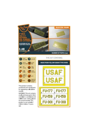 Koop Online North-American F-86A Sabre pre-cut patterns for numbers and lettering painting mask USAF and code letters on 'yellow kabuki pape