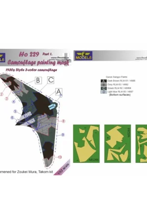 Meest Verkocht Horton Ho-229A Part 1 1930s 3-color style camouflage pattern paint mask (designed to be used with Takom and Zoukei-Mura kits)