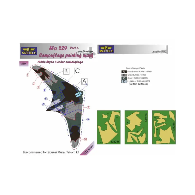Meest Verkocht Horton Ho-229A Part 1 1930s 3-color style camouflage pattern paint mask (designed to be used with Takom and Zoukei-Mura kits)