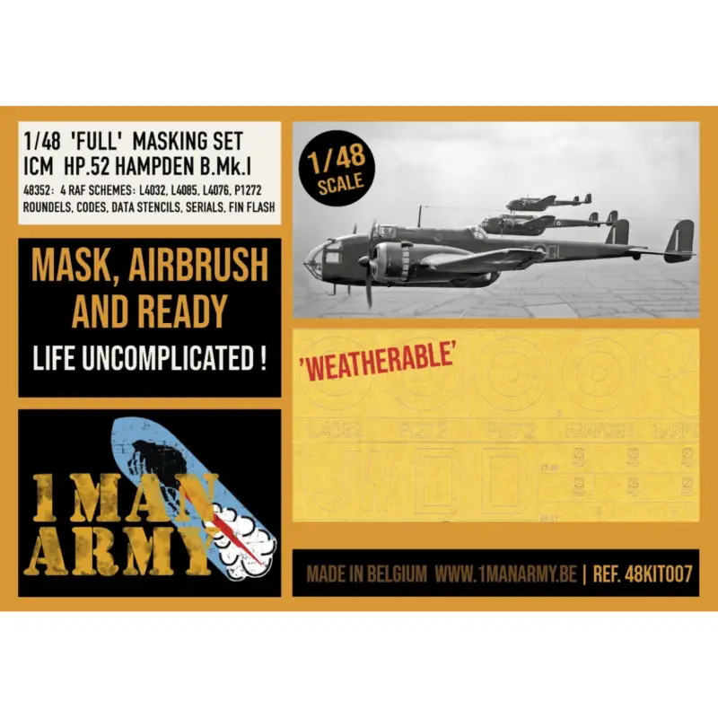 Handley-Page Hampden B Mk.I HIGH DEFINITION airbrush masks Covering everything you need as to apply roundels, code letters, seri Gratis Retour