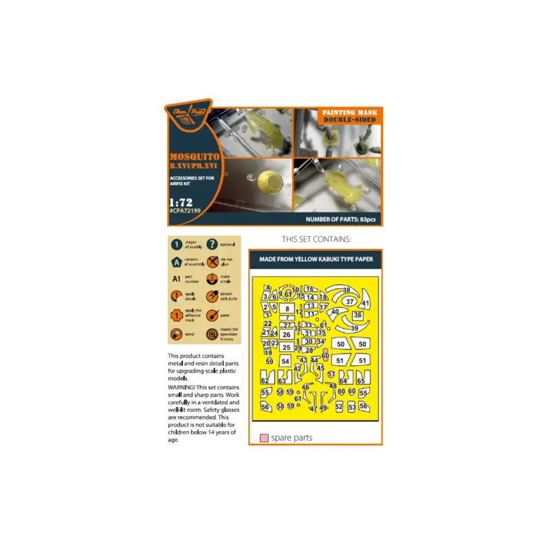 de Havilland Mosquito B.Mk.XVI PR.XVI double-sided painting mask on 'yellow kabuki paper' (designed to be used with Airfix kits) Laatste Kans