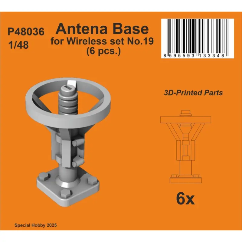 Antenna Base for Wireless set No.19 1/48 (6 pcs.) 3D-printed antenna bases for British WW2 tanks and AFVs. Tijdelijk Beschikbaar