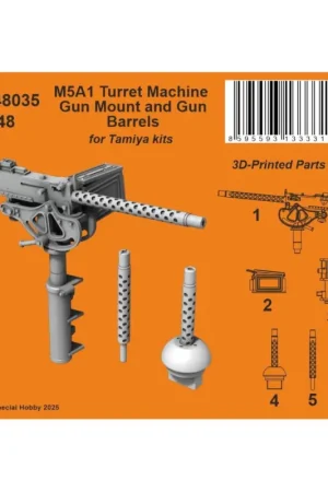 M5A1 Turret Machine Gun Mount and Gun Barrels 1/48 3D-printed barrels for Tamiya M5A1 kit, the set also contains the mounting of Must-Have