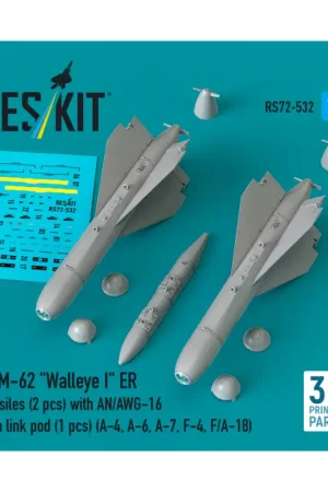 AGM-62 'Walleye I' ER missiles (2 pcs) with AN/AWG-16 data link pod (1 pcs) (A-4, A-6, A-7, F-4, F/A-18) (3D Printed) (1/72) Gratis Retour