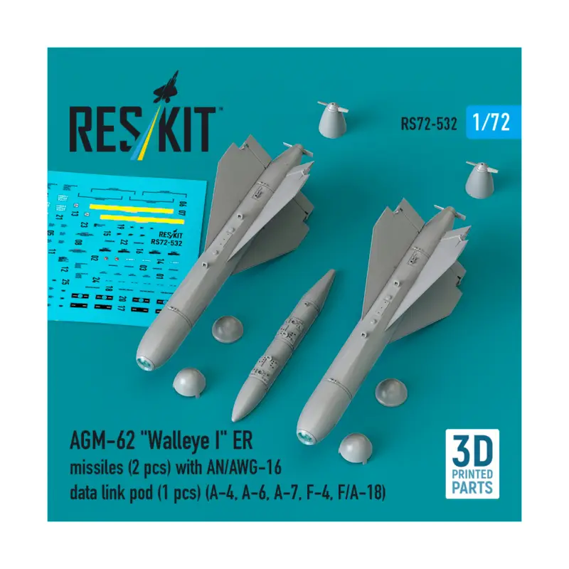 AGM-62 'Walleye I' ER missiles (2 pcs) with AN/AWG-16 data link pod (1 pcs) (A-4, A-6, A-7, F-4, F/A-18) (3D Printed) (1/72) Gratis Retour