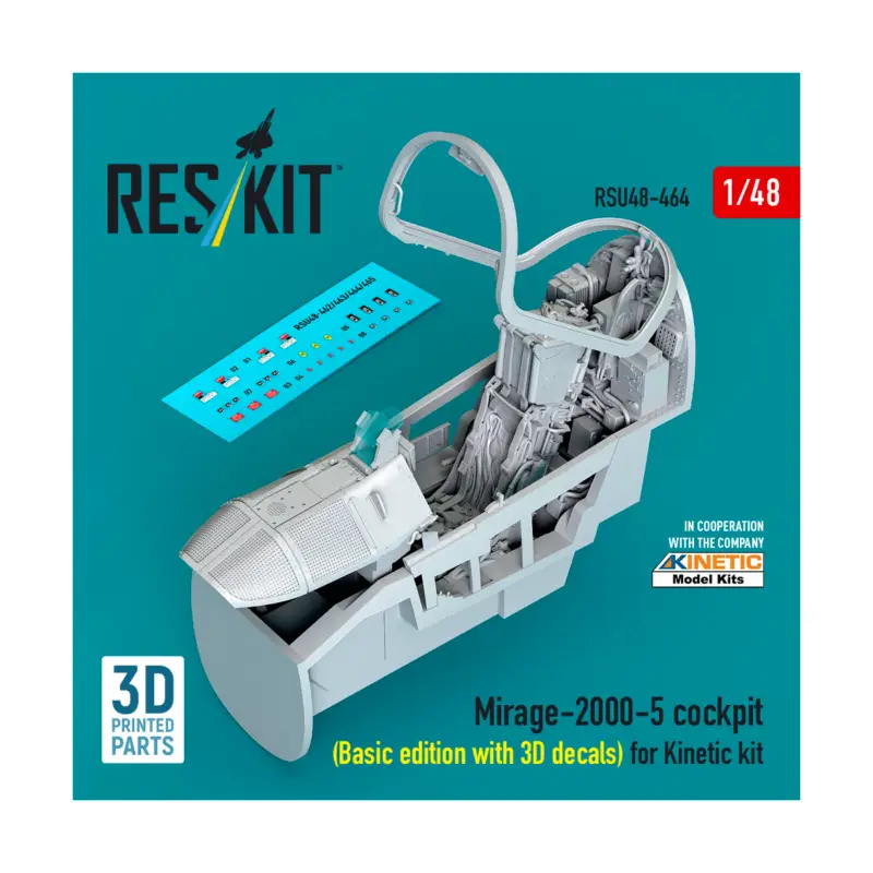 Snelle Levering Mirage-2000-5 cockpit (Basic edition with 3D decals) for Kinetic kit (3D Printed) (1/48)
