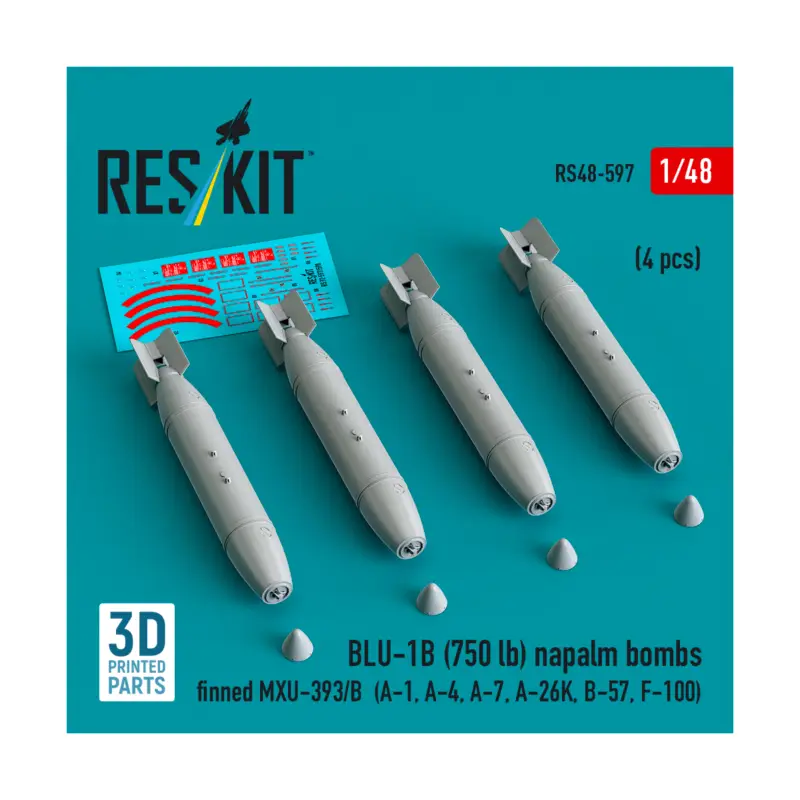Favoriet BLU-1B (750 lb) napalm bombs finned MXU-393/B (4 pcs) (A-1, A-4, A-7, A-26K, B-57, F-100) (3D Printed) (1/48)