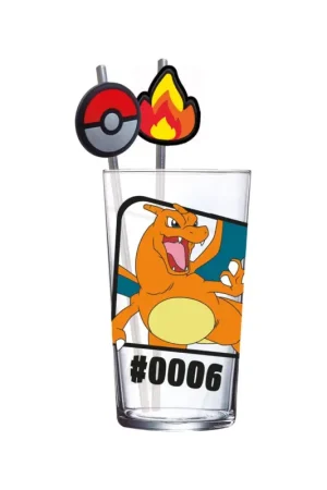 Pokémon Charizard glass tumbler with metal straws, 480 ml Seizoensaanbieding